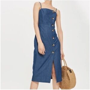 Topshop Moto Denim Chambray Button Front Sleeveless Midi Dress Sundress Sz 2